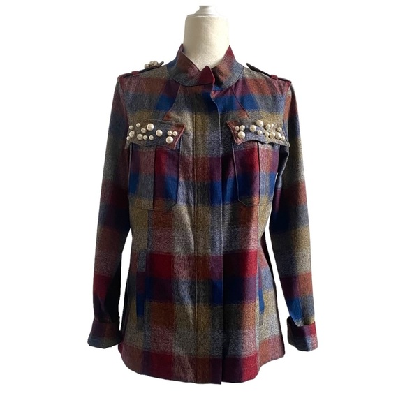 cabi plaid jacket Pearl collage size M medium maroon blue zipper mock neck - Picture 7 of 15
